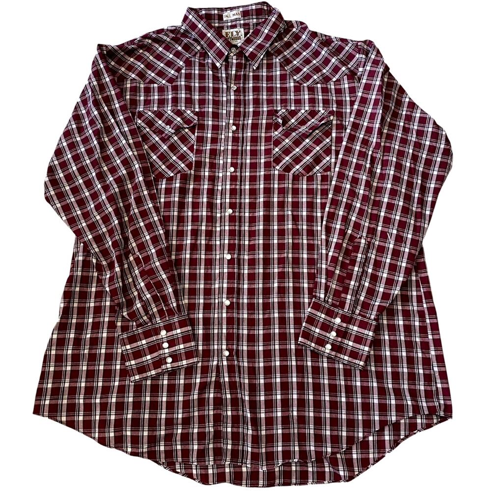 Ely Cattleman Men 2XL Tall Western Pearl Snap Shirt Maroon Plaid Long Sleeve